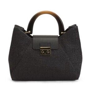 Claudia Firenze Italian Leather Wide Handle Black Straw Large Satchel Handbag